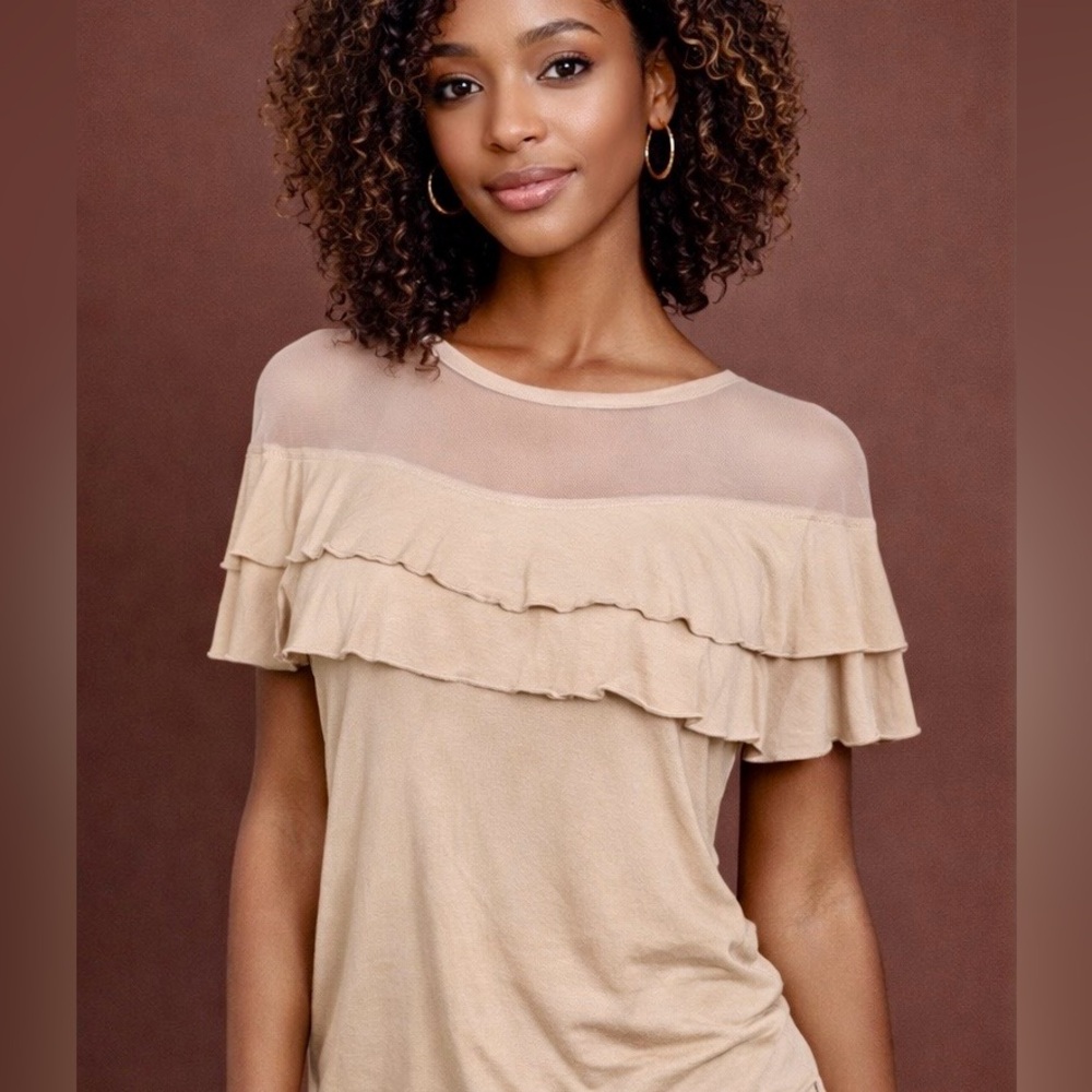 Isle by Melis Kazan Blouse – Illusion Net Neckline with Layered Ruffles (Size M)